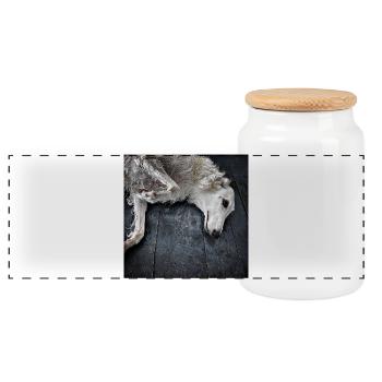 White greyhound on the ground - Panoramic Cookie Jar with Wooden Lid - white - Front