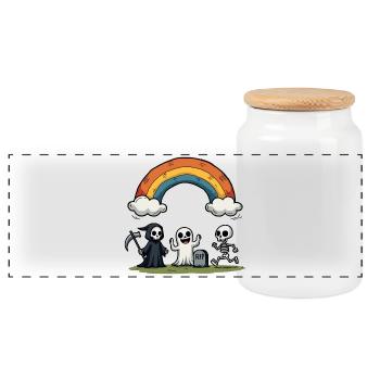Death & Friends Halloween Rainbow Scene - Panoramic Cookie Jar with Wooden Lid - white - Front