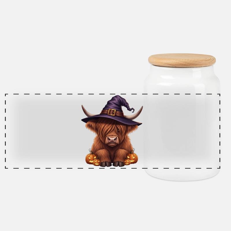 Bovins Highland d’Halloween avec chapeau de sorcière - Boîte à biscuits avec couvercle en bois - blanc