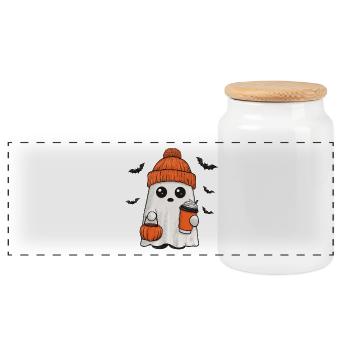 Cute Ghost for Halloween - Panoramic Cookie Jar with Wooden Lid - white - Front
