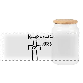 Konfirmandin 2026 Konfirmation Kreuz und Fisch - Panorama Keksdose mit Holzdeckel - Weiß - Vorne