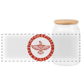 Red Raven and Viking Runes - Panoramic Cookie Jar with Wooden Lid - white - Front