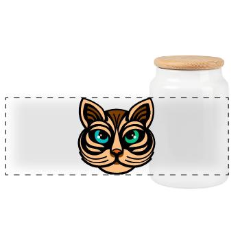 Mystic Dual-Eyed Cat Illustration - Panoramic Cookie Jar with Wooden Lid - white - Front