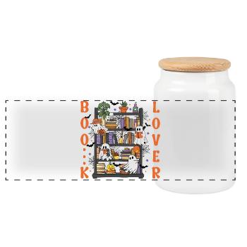Halloween Ghost Shelf - Panoramic Cookie Jar with Wooden Lid - white - Front