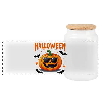 Halloween Kürbis mit Sonnenbrille - Panorama Keksdose mit Holzdeckel - Weiß - Vorne