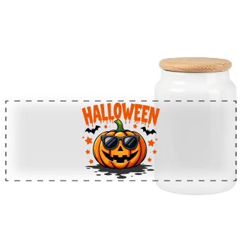 Halloween Kürbis mit Sonnenbrille - Panorama Keksdose mit Holzdeckel - Weiß - Vorne