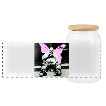 Pinker Schmetterling Mann - Panorama Keksdose mit Holzdeckel - Weiß - Vorne