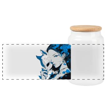 Young woman blue mask portrait with flowers - Panoramic Cookie Jar with Wooden Lid - white - Front