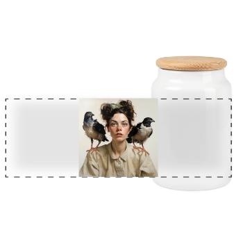 Young Woman Two Crow Birds Shoulders Portrait - Panoramic Cookie Jar with Wooden Lid - white - Front