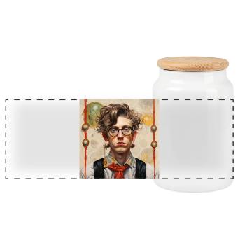 Junger Mann im Vintage-Stil Brille wirres Haar  - Panorama Keksdose mit Holzdeckel - Weiß - Vorne
