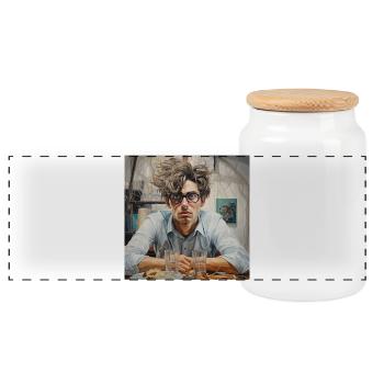 Artist portrait in the chaos studio Brille wirr - Panoramic Cookie Jar with Wooden Lid - white - Front