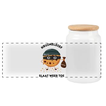 Petty Thief Strikes Again Funny Pun - Panoramic Cookie Jar with Wooden Lid - white - Front