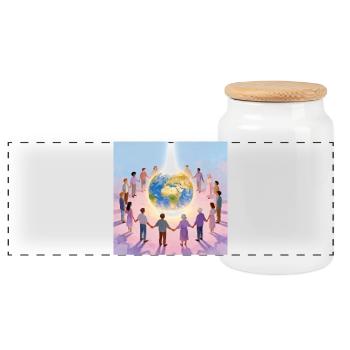 Earth surrounded by community - Panoramic Cookie Jar with Wooden Lid - white - Front