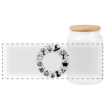 Halloween Symbols Wreath - Panoramic Cookie Jar with Wooden Lid - white - Front