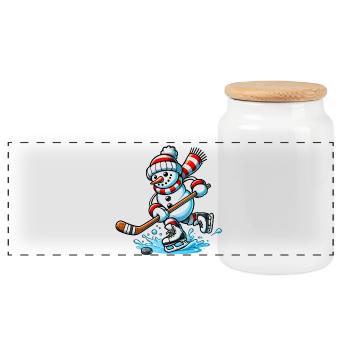 Eishockey Schneemann in Action - Panoramic Cookie Jar with Wooden Lid - white - Front