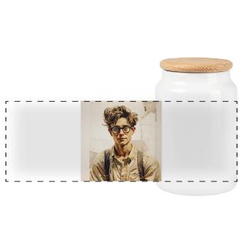 Casual Learner Portrait with Glasses - Panoramic Cookie Jar with Wooden Lid - white - Front