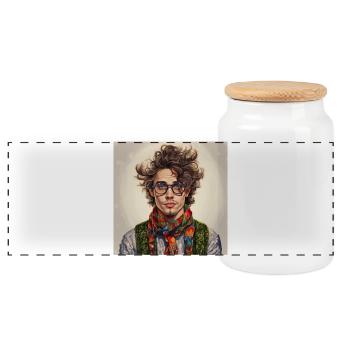 Colorful scarf portrait - Panoramic Cookie Jar with Wooden Lid - white - Front