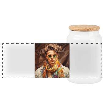 Colorful Scarf Style Portrait - Panoramic Cookie Jar with Wooden Lid - white - Front