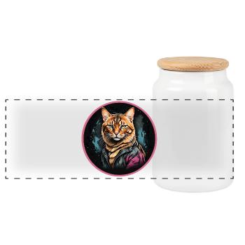 leopard cat - Panoramic Cookie Jar with Wooden Lid - white - Front