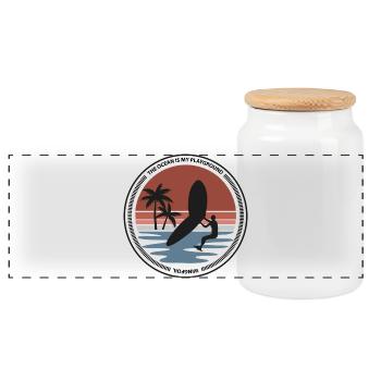 Wingsurfer im Sonnenuntergang am Palmenstrand - Panorama Keksdose mit Holzdeckel - Weiß - Vorne