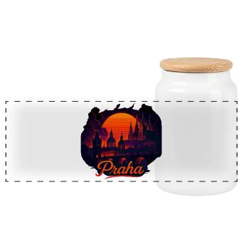 Praha Evening Light Skyline Sunset Gift - Panoramic Cookie Jar with Wooden Lid - white - Front