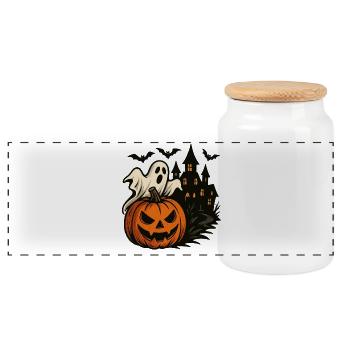 Halloween Pumpkin Haunted House Scene - Panoramic Cookie Jar with Wooden Lid - white - Front