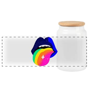 Rainbow Tongue Pop Art Lips - Panoramic Cookie Jar with Wooden Lid - white - Front