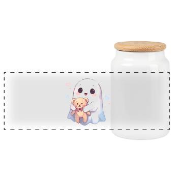 Kawaii Ghost with Teddy Bear and Hearts - Panoramic Cookie Jar with Wooden Lid - white - Front