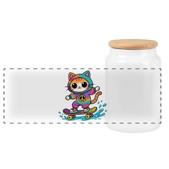 Chat multicolore skateboard - Boîte à biscuits avec couvercle en bois - blanc - Devant