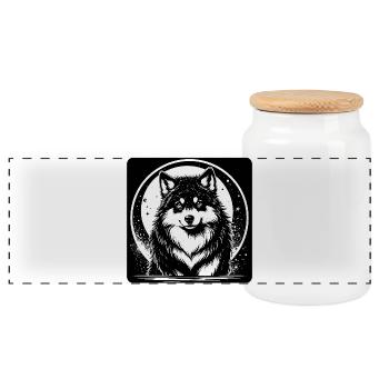 Black and White Husky (Head Close) - Panoramic Cookie Jar with Wooden Lid - white - Front