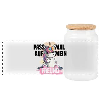 Freches Einhorn – Pass auf mein Freund! - Panorama Keksdose mit Holzdeckel - Weiß - Vorne