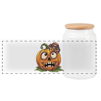 Lustige Überraschung Kürbis und Halloween Spinne - Panorama Keksdose mit Holzdeckel - Weiß - Vorne
