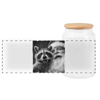 Raccoon Selfie with Santa Claus - Panoramic Cookie Jar with Wooden Lid - white - Front
