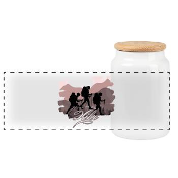 Feel the Vibe – Hike | Hikers & Nature Motif | Abe - Panoramic Cookie Jar with Wooden Lid - white - Front