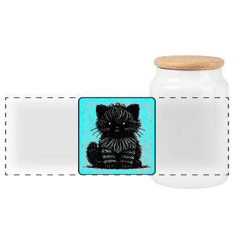 Fuzzy cat (cyan) - Panoramic Cookie Jar with Wooden Lid - white - Front