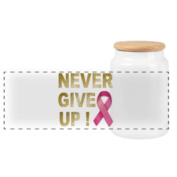 Never Give Up Pink Ribbon - Panoramic Cookie Jar with Wooden Lid - white - Front