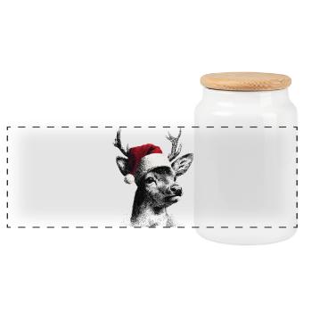 Reindeer with Santa hat in dot style - Panoramic Cookie Jar with Wooden Lid - white - Front