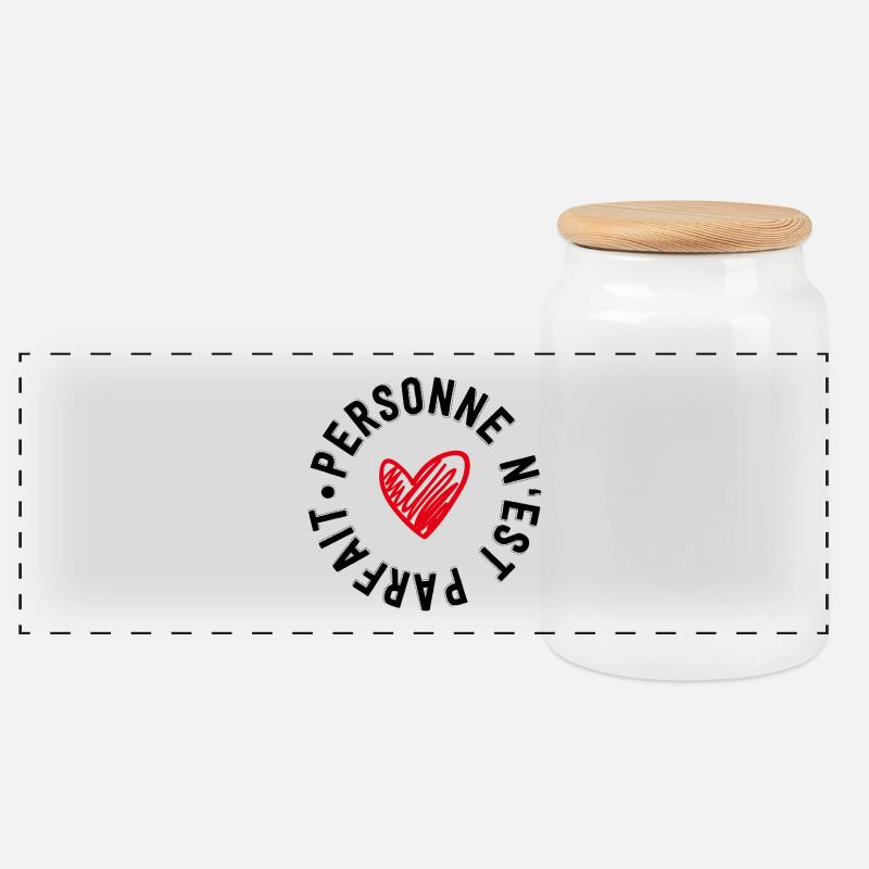 "personne n'est parfait" - Panoramic Cookie Jar with Wooden Lid - white
