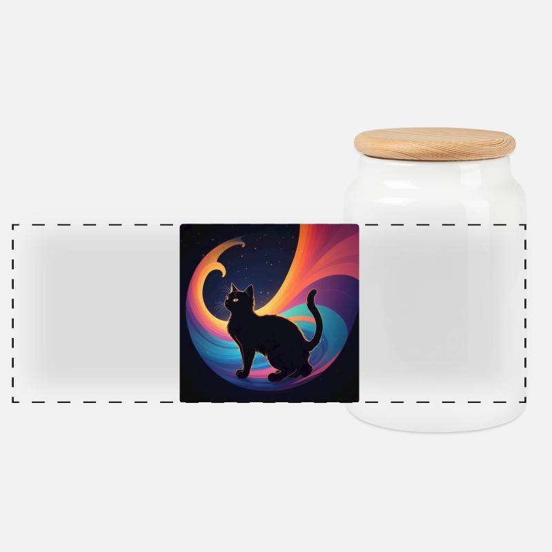 Schwarze Katze vor Regenbogenfarben - Panorama Keksdose mit Holzdeckel - Weiß