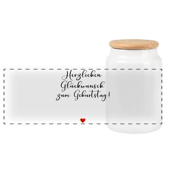 Minimalist Birthday Greetings Heart - Panoramic Cookie Jar with Wooden Lid - white - Front