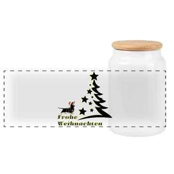Frohe Weihnachten Dackel schaut den Christbaum an - Panorama Keksdose mit Holzdeckel - Weiß - Vorne