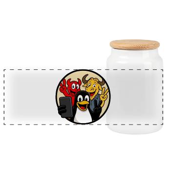 Tux, Beastie & GNU Selfie - Panoramic Cookie Jar with Wooden Lid - white - Front