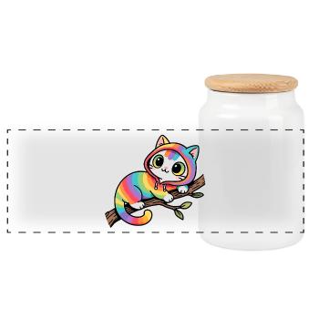 Rainbow cat hoodie on branch - Panoramic Cookie Jar with Wooden Lid - white - Front