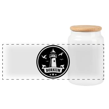 Leuchtturm Borkum Maritimes Emblem - Panorama Keksdose mit Holzdeckel - Weiß - Vorne