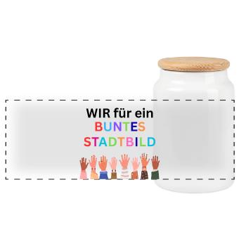 Wir für ein buntes Stadtbild. Bunte Nation - Panorama Keksdose mit Holzdeckel - Weiß - Vorne