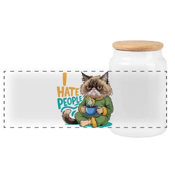 Cat Coffee Morning Grouch Funny Introvert - Panoramic Cookie Jar with Wooden Lid - white - Front