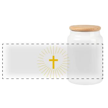 Cross and heart - Panoramic Cookie Jar with Wooden Lid - white - Front