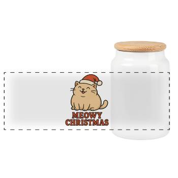 Meowy Christmas – Lustiges Katzen Weihnachtsdesign - Panorama Keksdose mit Holzdeckel - Weiß - Vorne