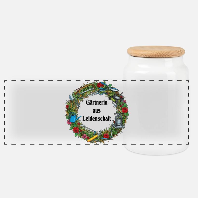 Garden Tool Wreath Pattern - Panoramic Cookie Jar with Wooden Lid - white