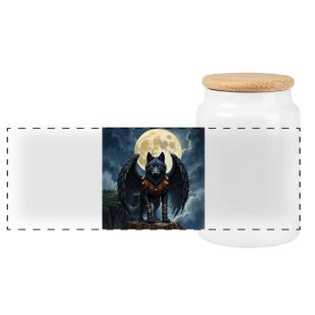 Loup ailé sous la pleine lune - Boîte à biscuits avec couvercle en bois - blanc - Devant